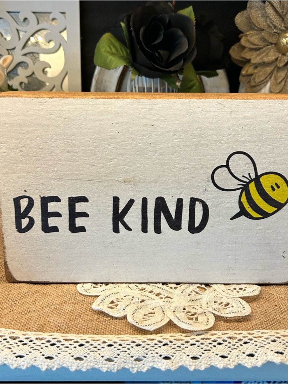 Rustic Bee Kind Wooden Block Sign - Farmhouse Tiered Tray Decor - Bumblebee Art - Picture 3 of 14